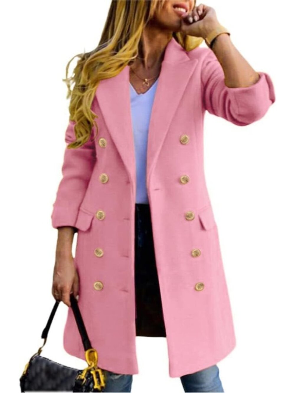 Women's Pink Wool Blend Double Breasted Gold Buttons Fall Midi Long Trench Coats